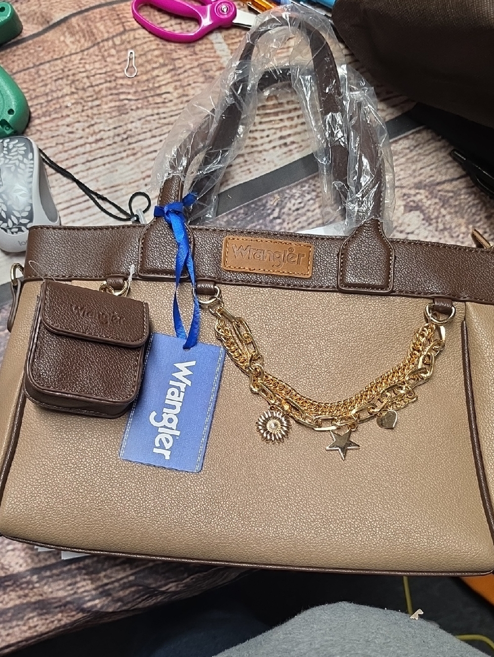 Wrangler Two-Tone Brown Tote with Gold Charm Chain